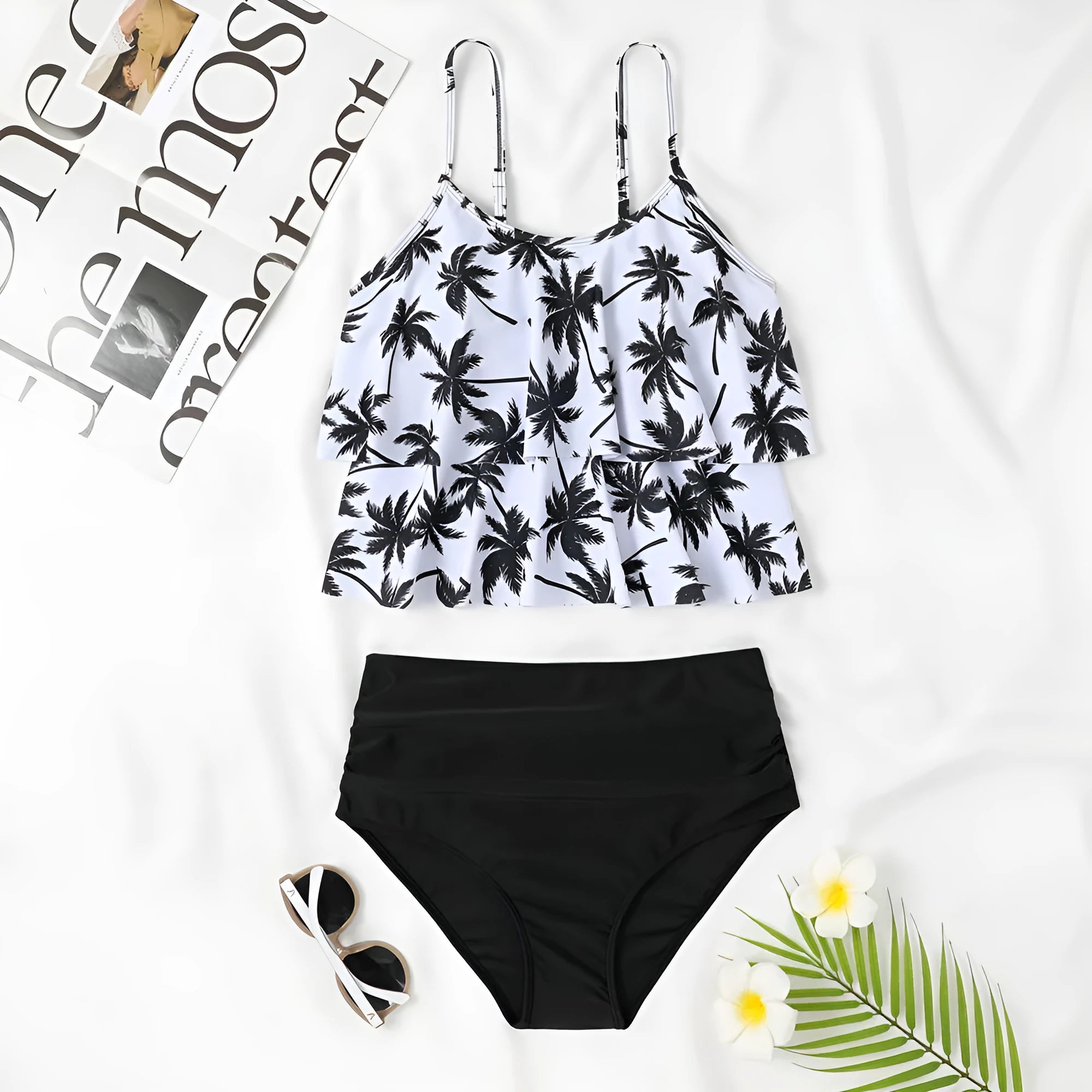 High-waist double-layer swimsuit with floral coconut tree patterns in black colour options