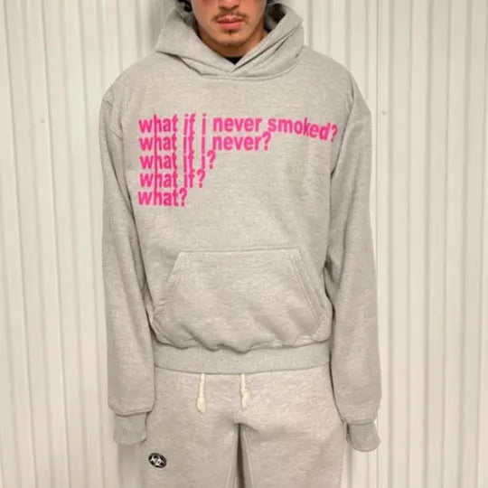 Letter print heavy hooded sweater pullover in black, front view, with hooded collar and figure pattern