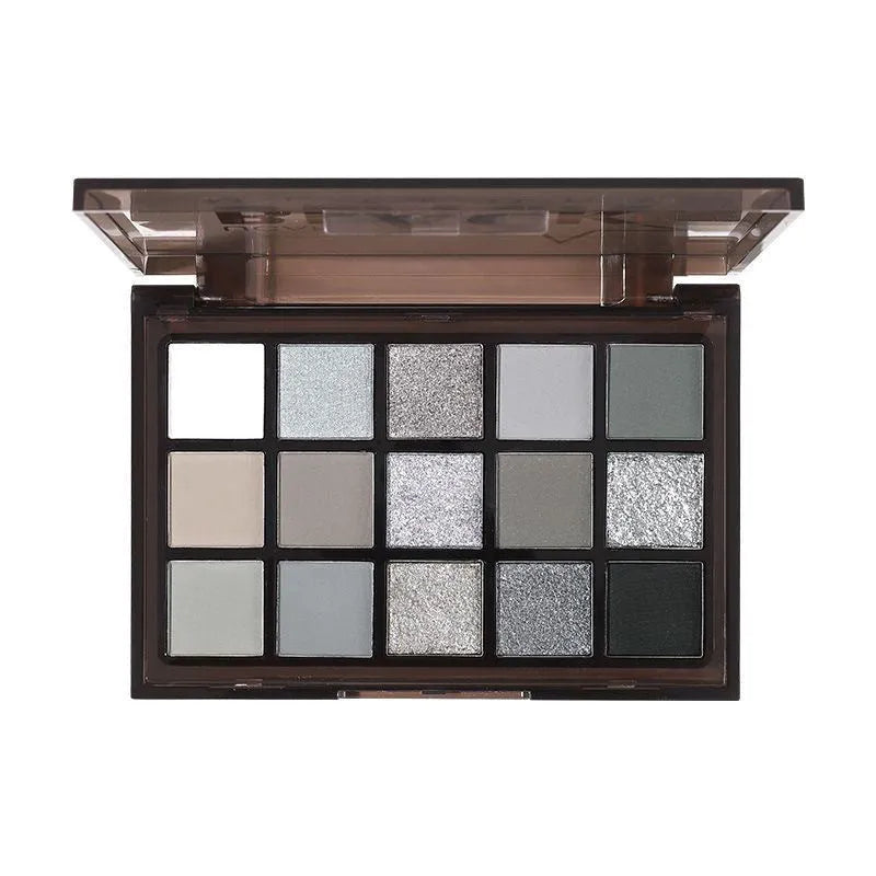 15-colour eye shadow palette with dark shades for smoky makeup including matte and shimmer finishes