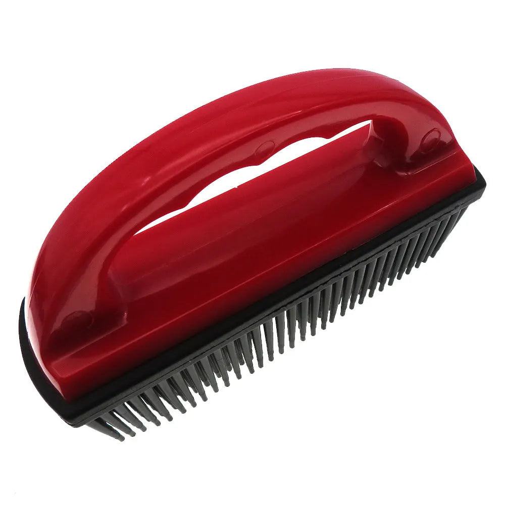 Red pet hair removal brush with curved rubber bristles measuring 160mm by 85mm