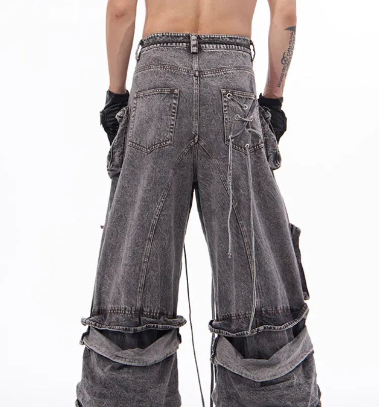 American-style distressed overalls rope stitching mop pants in grey cotton denim
