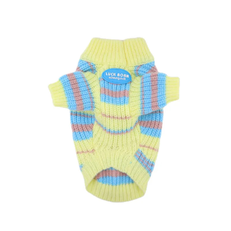 Blue and yellow striped wool dog sweater for small breeds in six sizes from XS to XXL