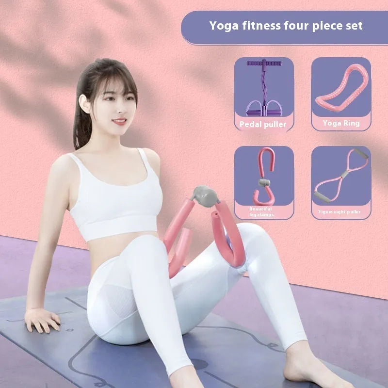 Yoga four piece set showing leg stretching device, yoga ring, pedal chest expander and figure eight tension rope