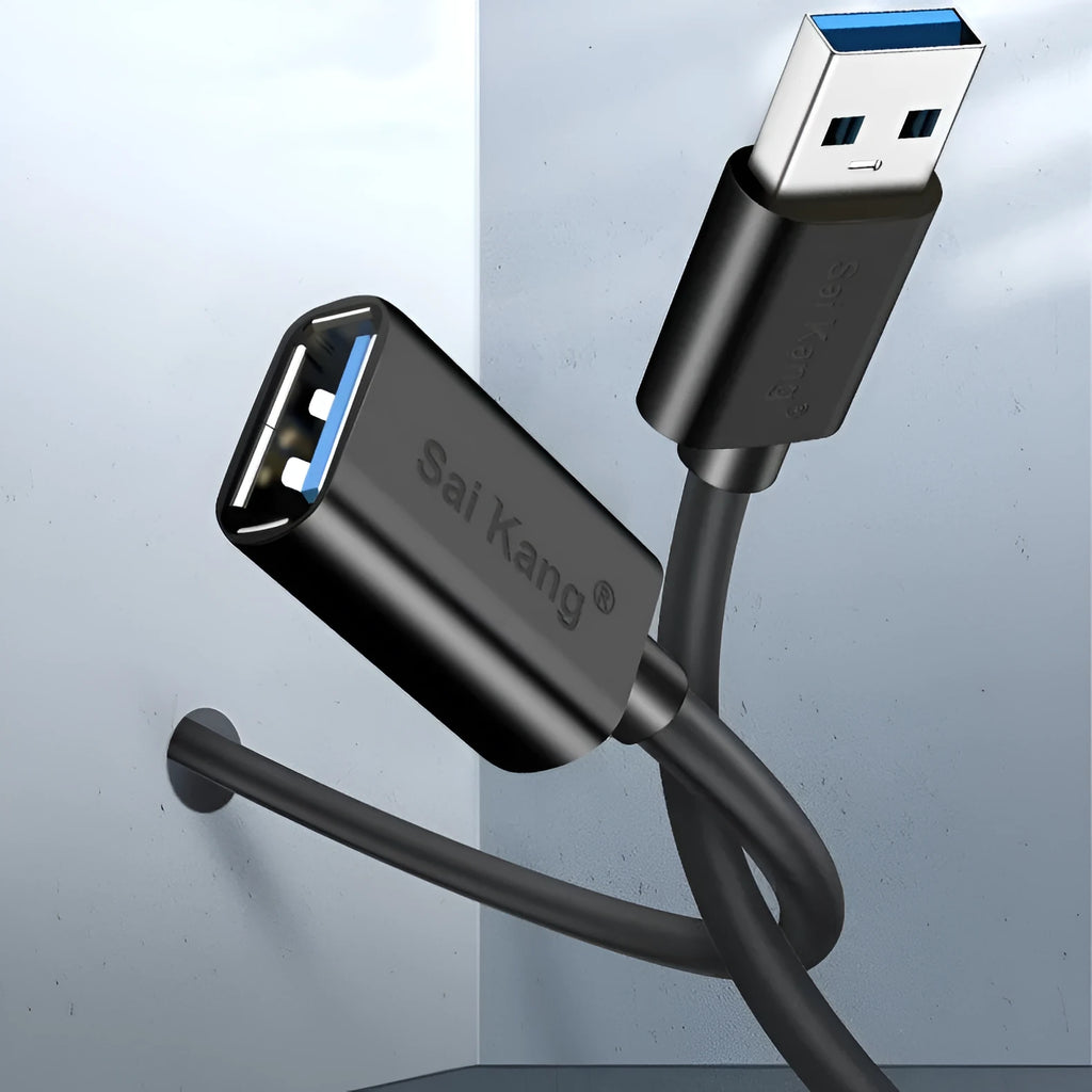 Black USB extension cable with male and female connectors, showing its length options from 1 to 5 metres.