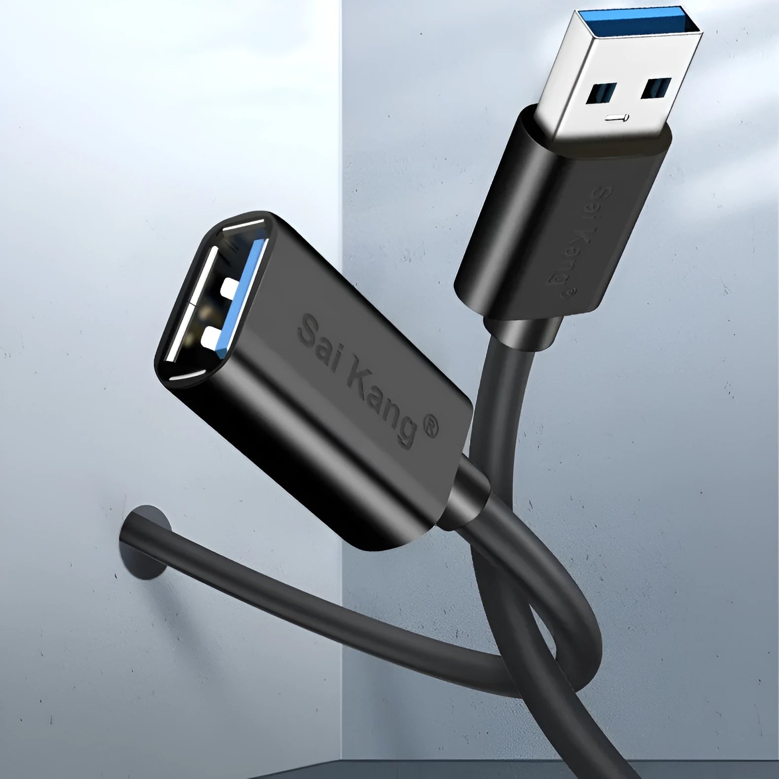 Black USB extension cable with male and female connectors, showing its length options from 1 to 5 metres.