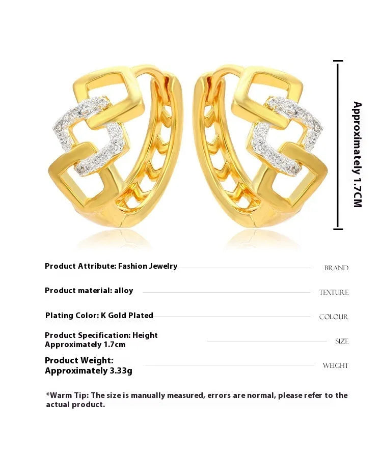 Geometric hollow-out alloy earrings with electroplated colour separation and clip fastening