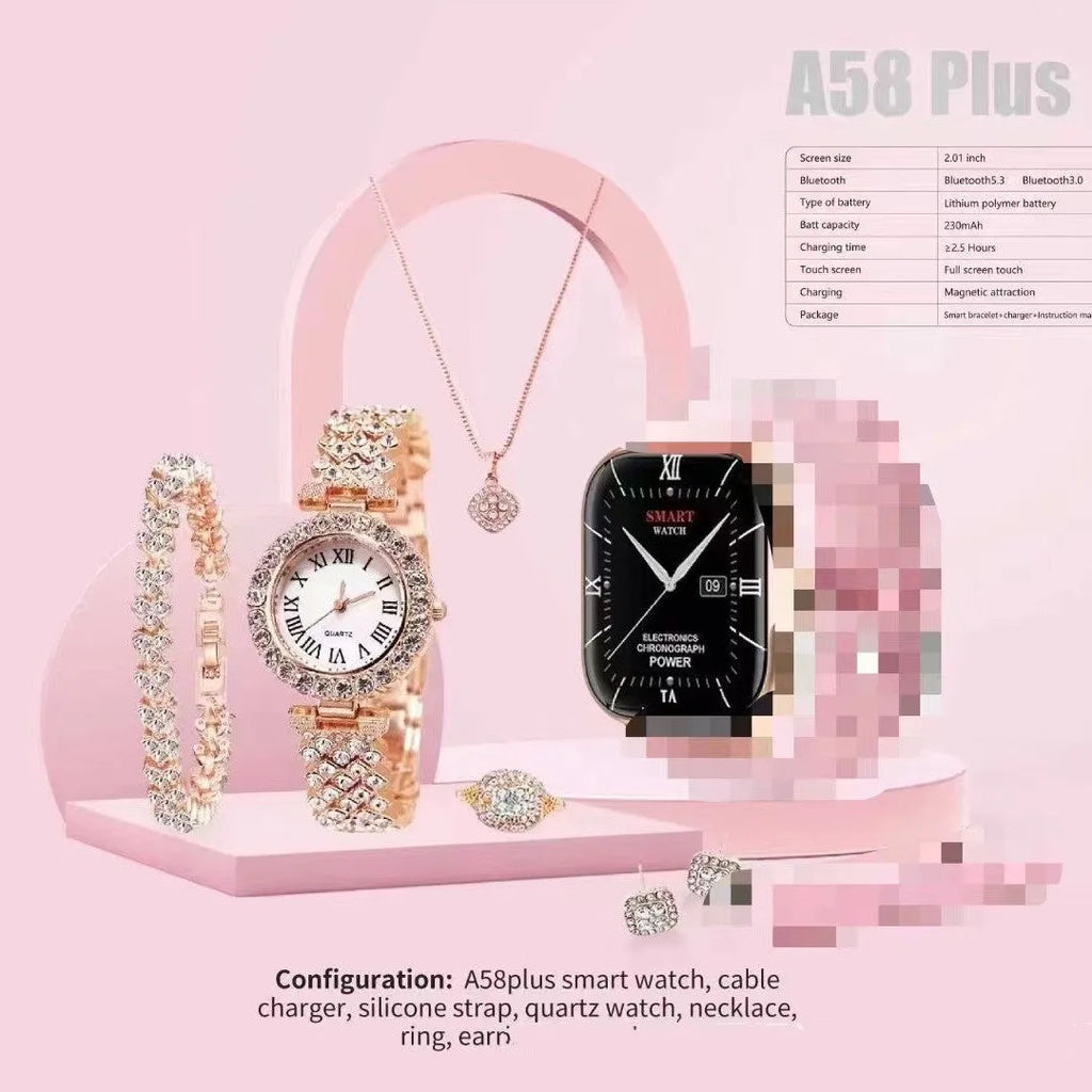 A58plus smart watch in black with touch screen and strap, showing Bluetooth calling and notification interface.