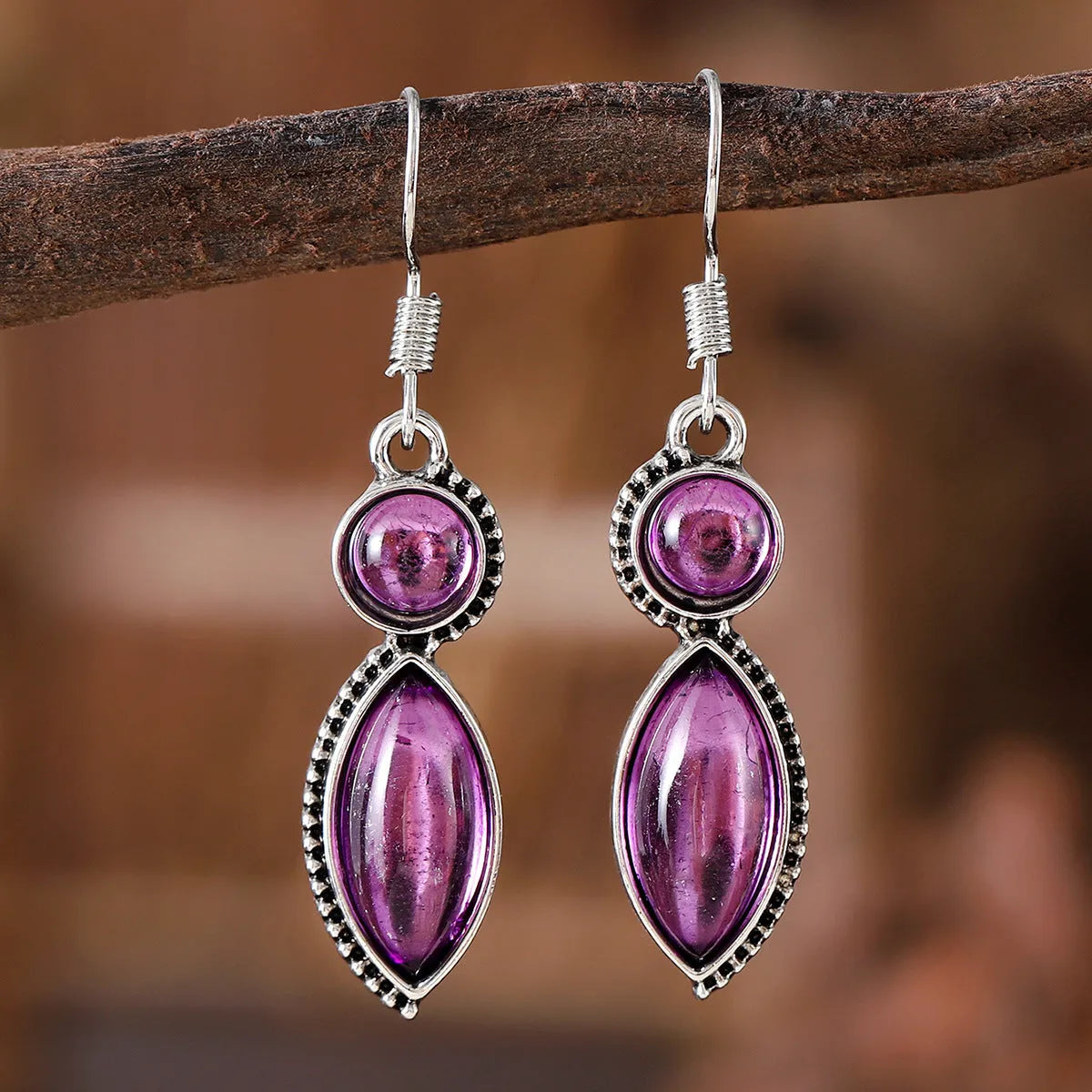Vintage geometric zinc alloy earrings with electroplated black and purple finish and round decorative elements