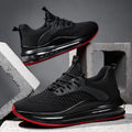 Men's low-top mesh running shoes in black, featuring round toe and lace-up front.