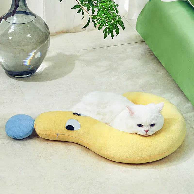 Blue and yellow rectangular pet pillow for dogs and cats, measuring 62cm by 39cm.