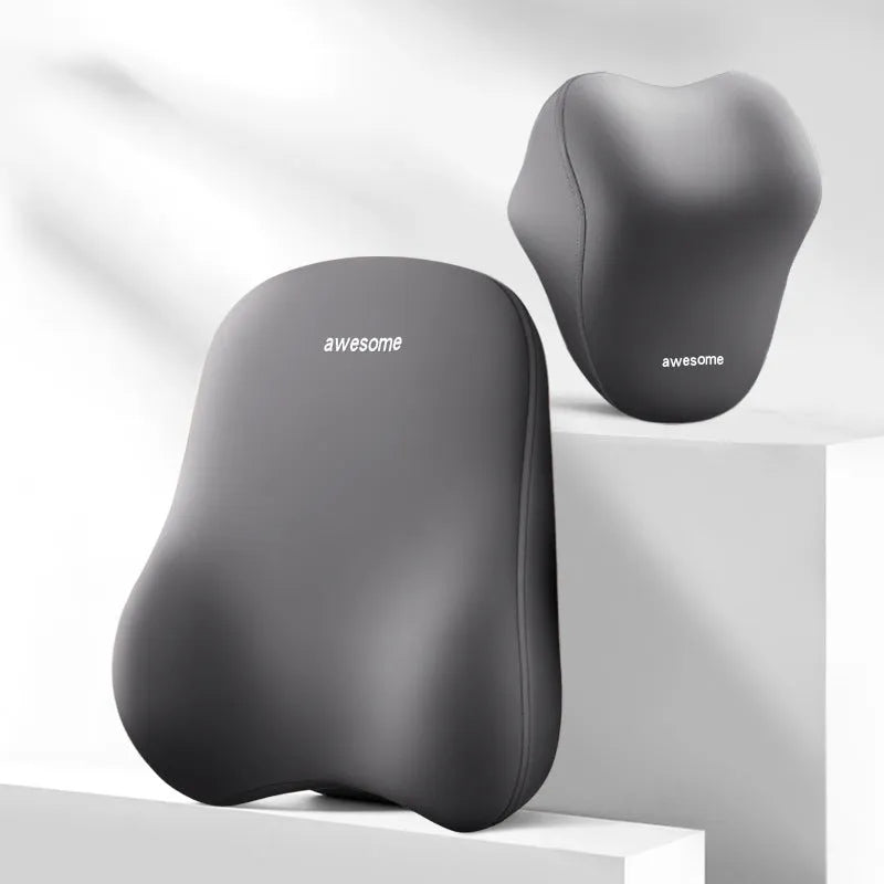 Automotive headrest lumbar support pillow set with memory foam filler in Y-black colour option for car seat