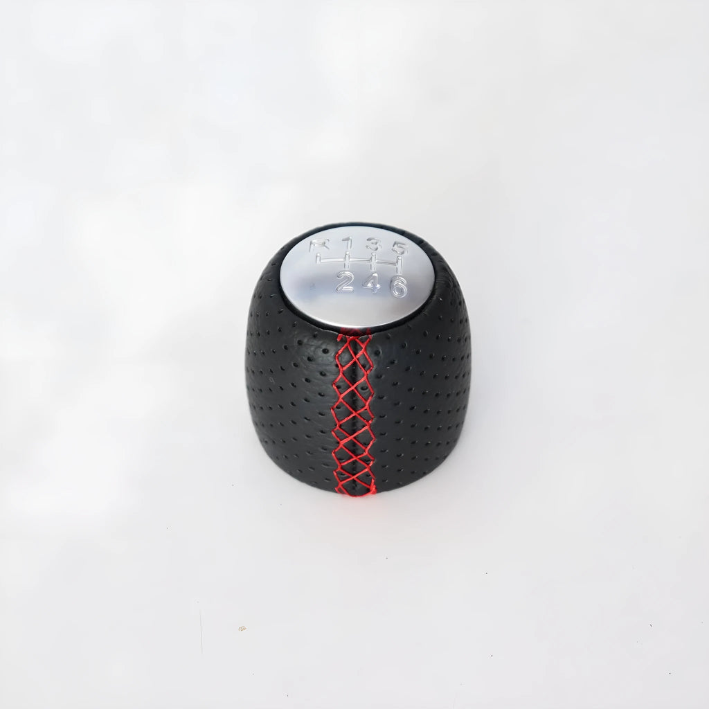 Sewn wrapped perforated PU gear shift knob handball for Alpha vehicle in black line with matte cover