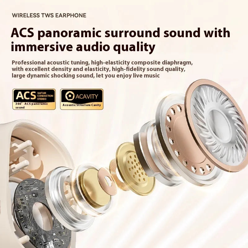 Ear-mounted headphones with digital display screen in black, white and skin colour options