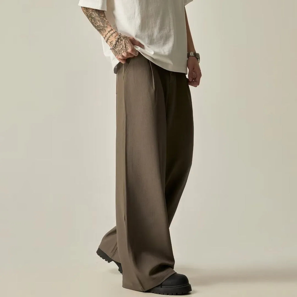 Men's solid colour wide-leg casual trousers in black with vertical tube design and button fastening