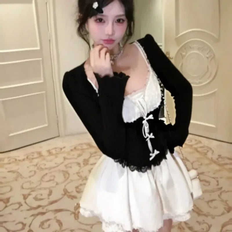 Women's princess style suspender dress suit two-piece set with lace knitted blouse and skirt in autumn colours