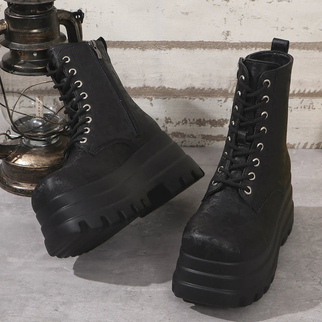 Women's white platform boots with patchwork design and chunky heel