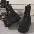 Women's white platform boots with patchwork design and chunky heel