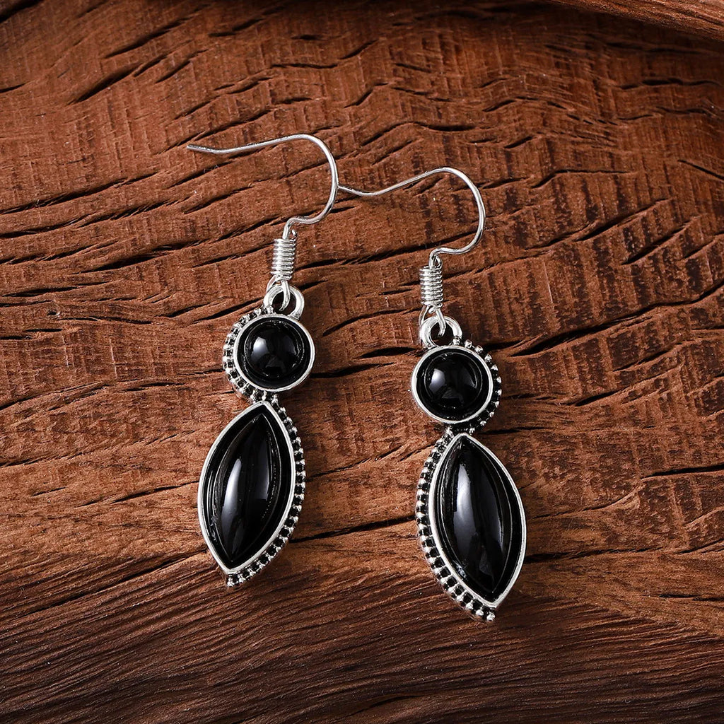 Vintage geometric zinc alloy earrings with electroplated black and purple finish and round decorative elements