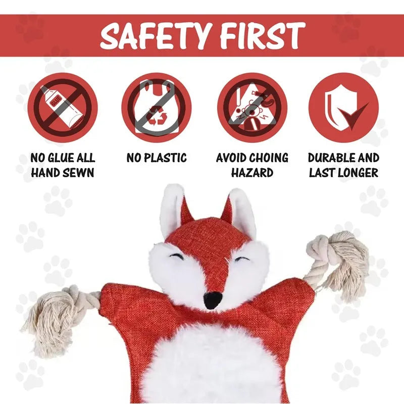 Set of six plush squeaky dog toys shaped like fox, squirrel, monkey, koala, rabbit, and tiger with rope