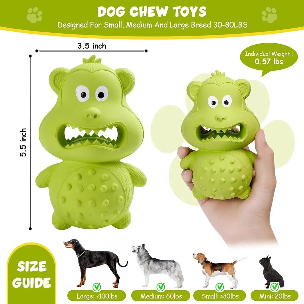 Green and yellow natural rubber squeaky dog toy for aggressive chewers.