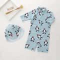 Boys' long sleeve swimming costume two-piece set with swim cap in penguin pattern