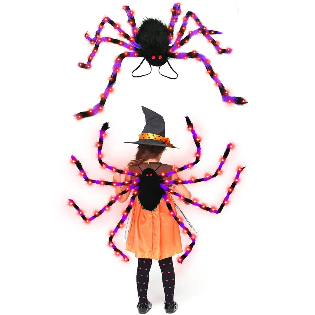Halloween spider backpack with LED lighting in plush sugar bag construction
