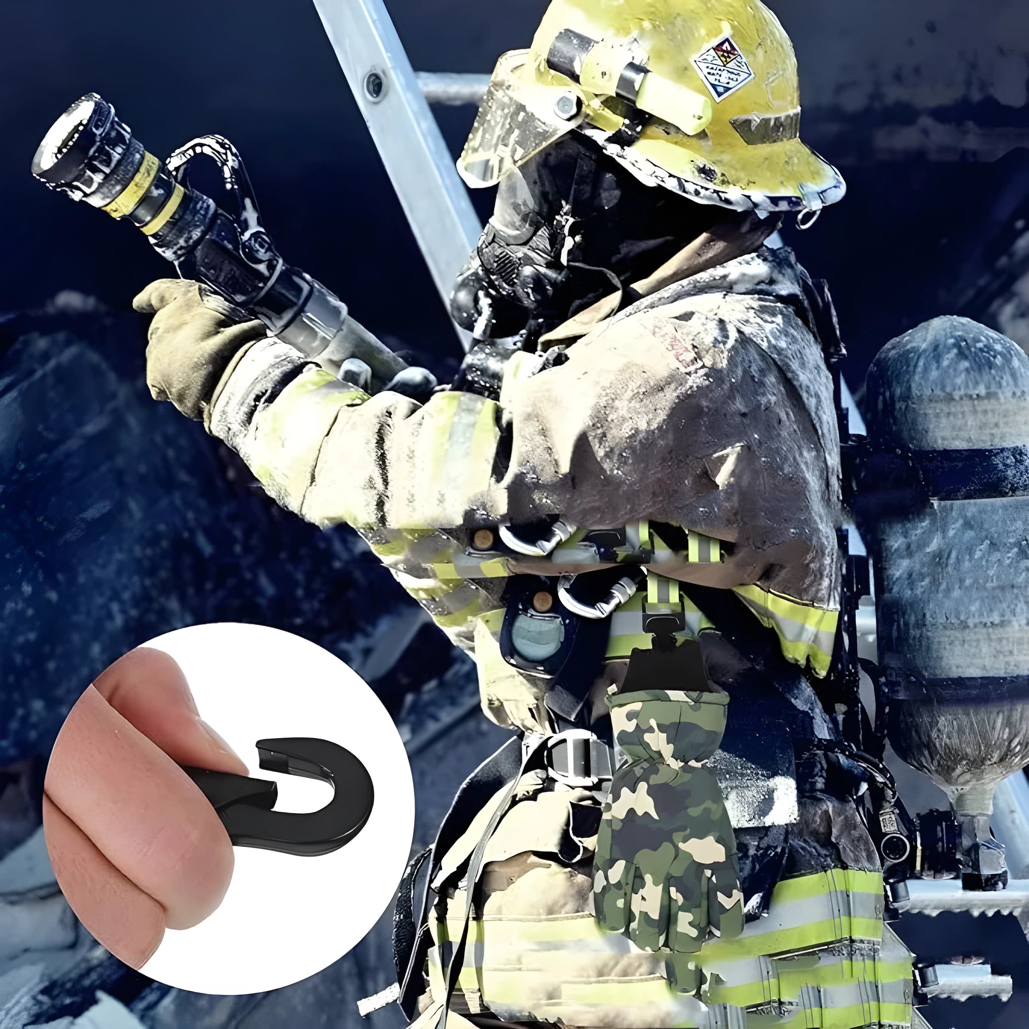 Fluorescent green metal safety clip with reflective nylon lining for securing fireman gloves.