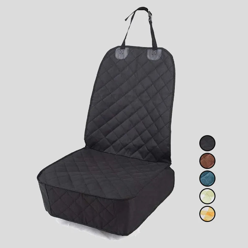 Oxford cloth pet car cushion in black on co-pilot seat of vehicle