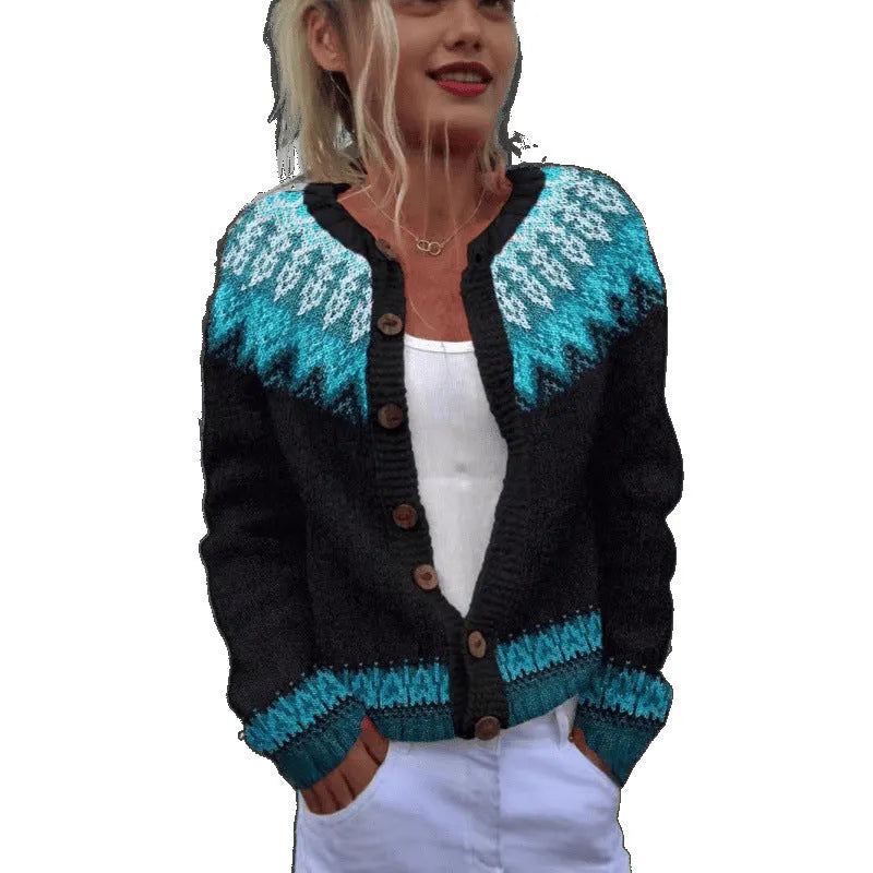 Digital printing cardigan knitted coat with 3D yellow pattern, regular sleeves, polyester fabric, side view