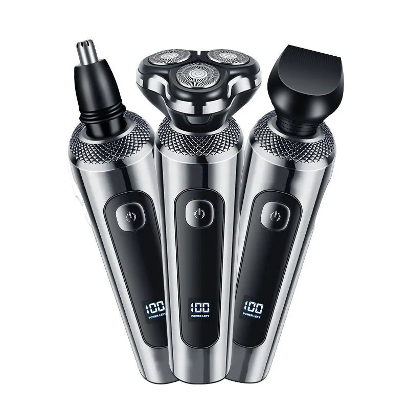 Digital display USB rechargeable beard trimmer with washable floating head on its five-in-one storage bracket.