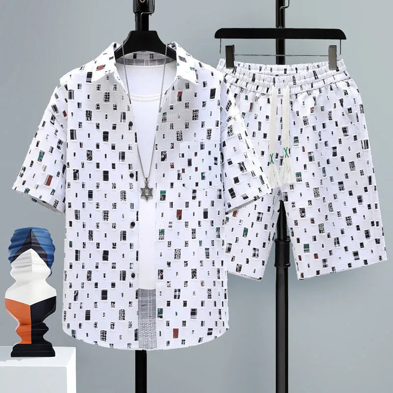 Men's casual polyester sports shorts two-piece set with matching short sleeve top