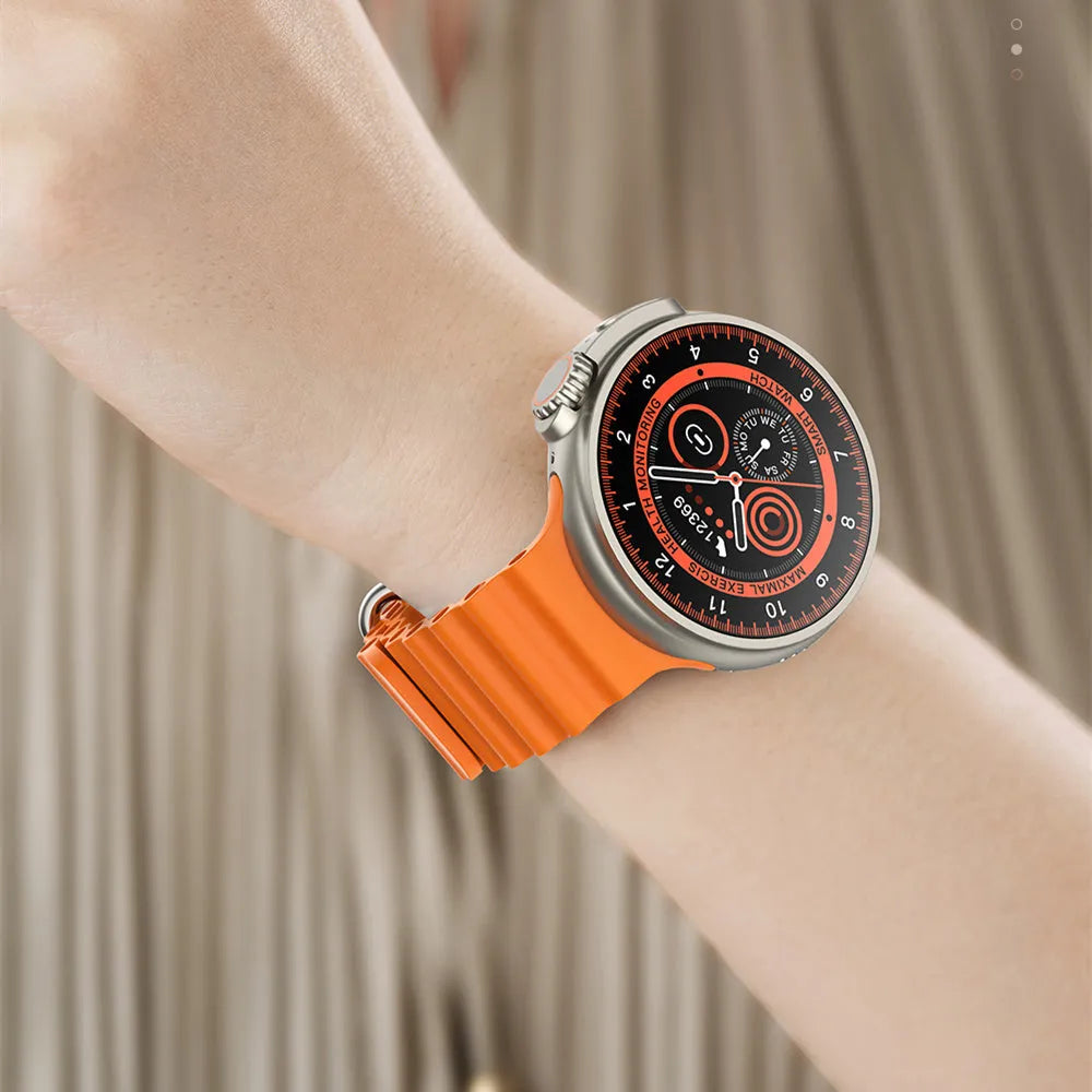 K9 smart watch with round screen on silicone strap showing health metrics display