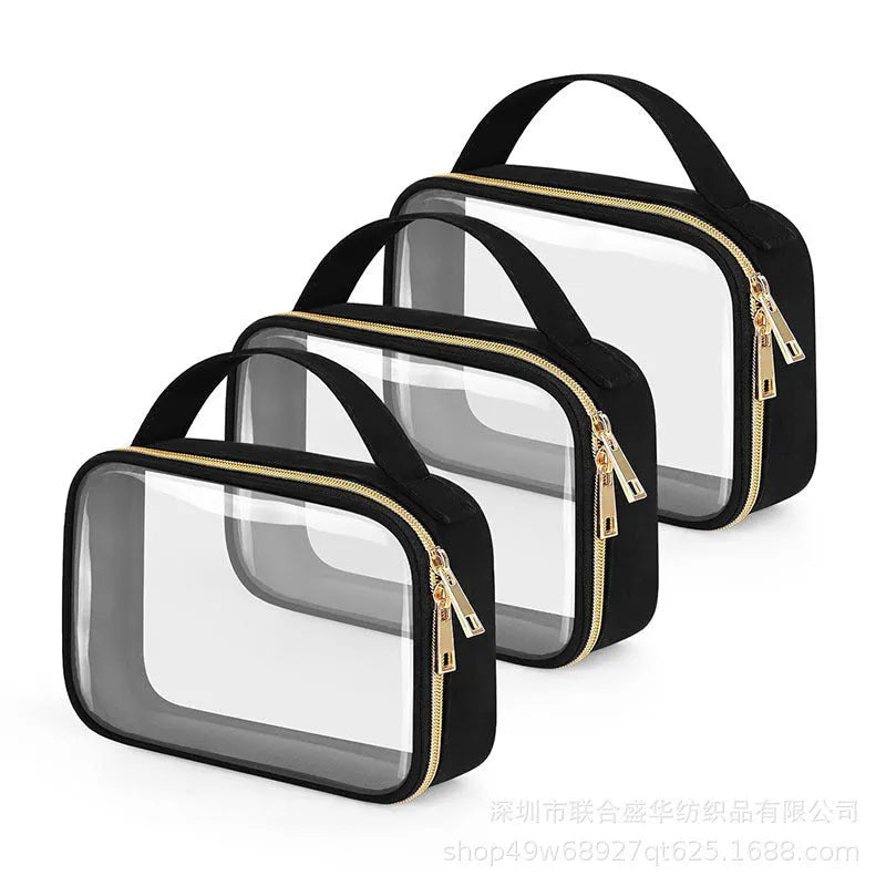 Clear PVC lipstick storage wash bag with zip and chain handle in leopard print colour.