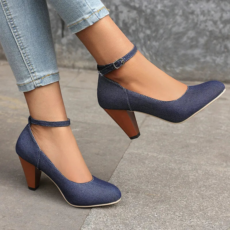 Women's denim fabric high heel platform shoes with buckle, round toe, solid blue colour