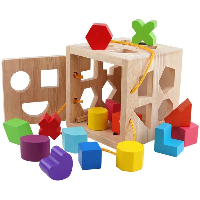 Wooden geometric shape matching baby building blocks set with 12-hole smart box in colour packaging for infants