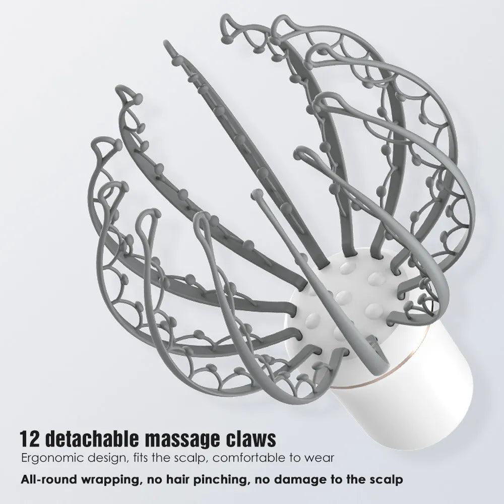 Octopus electric head massage tingler with multi-claw TPE attachment in black rechargeable variant