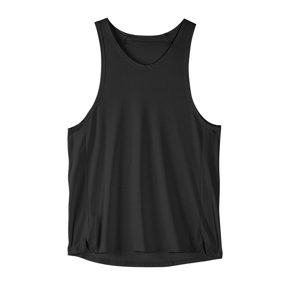 Men's black nylon sleeveless sports vest for gym and casual wear on a hanger.