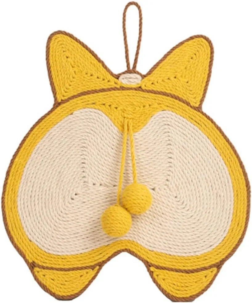 Yellow sisal cat scratching board with Corgi dog butt design, shown on a floor with a cat.