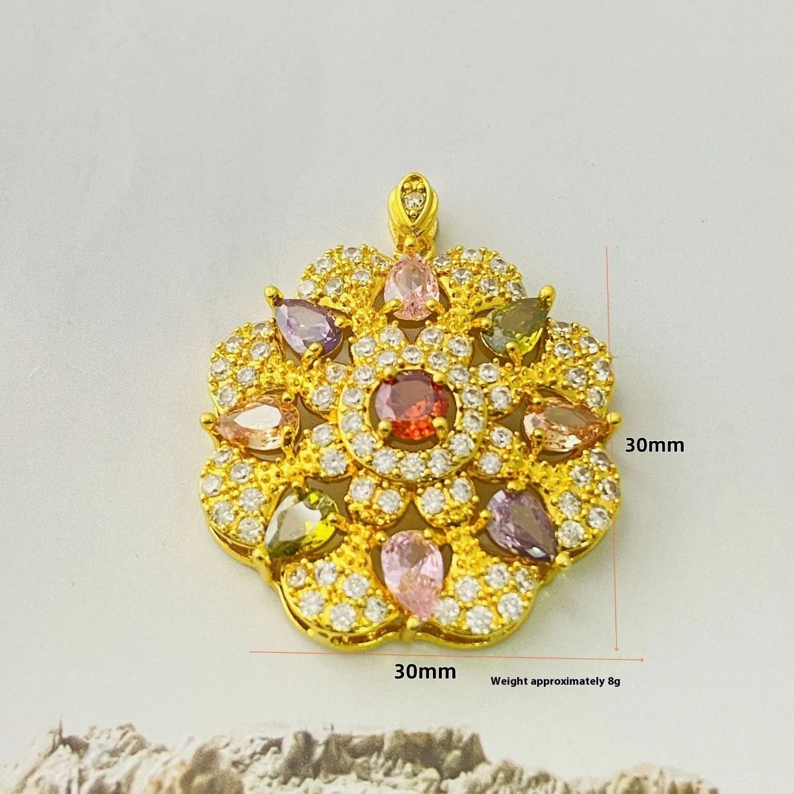 Women's floral pendant necklace with a colourful zircon stone in a gold, champagne gold, or platinum colour metal setting.