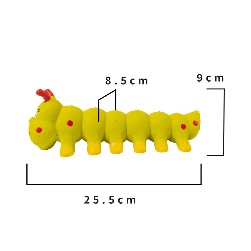 Yellow rubber caterpillar squeaky dog toy measuring 25.5x9cm for small and medium dogs