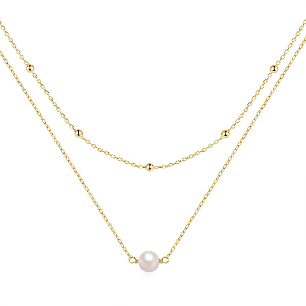 S925 sterling silver double layer necklace with twin pearl pendant in geometric design