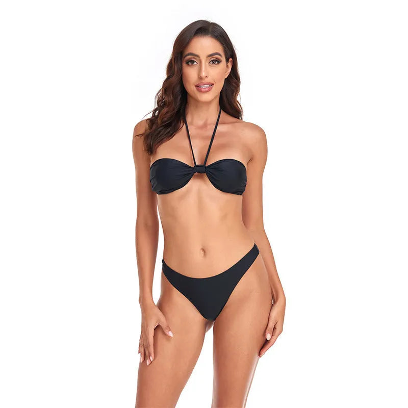Black polyester bikini set with lace-up tube top and briefs bottom for women