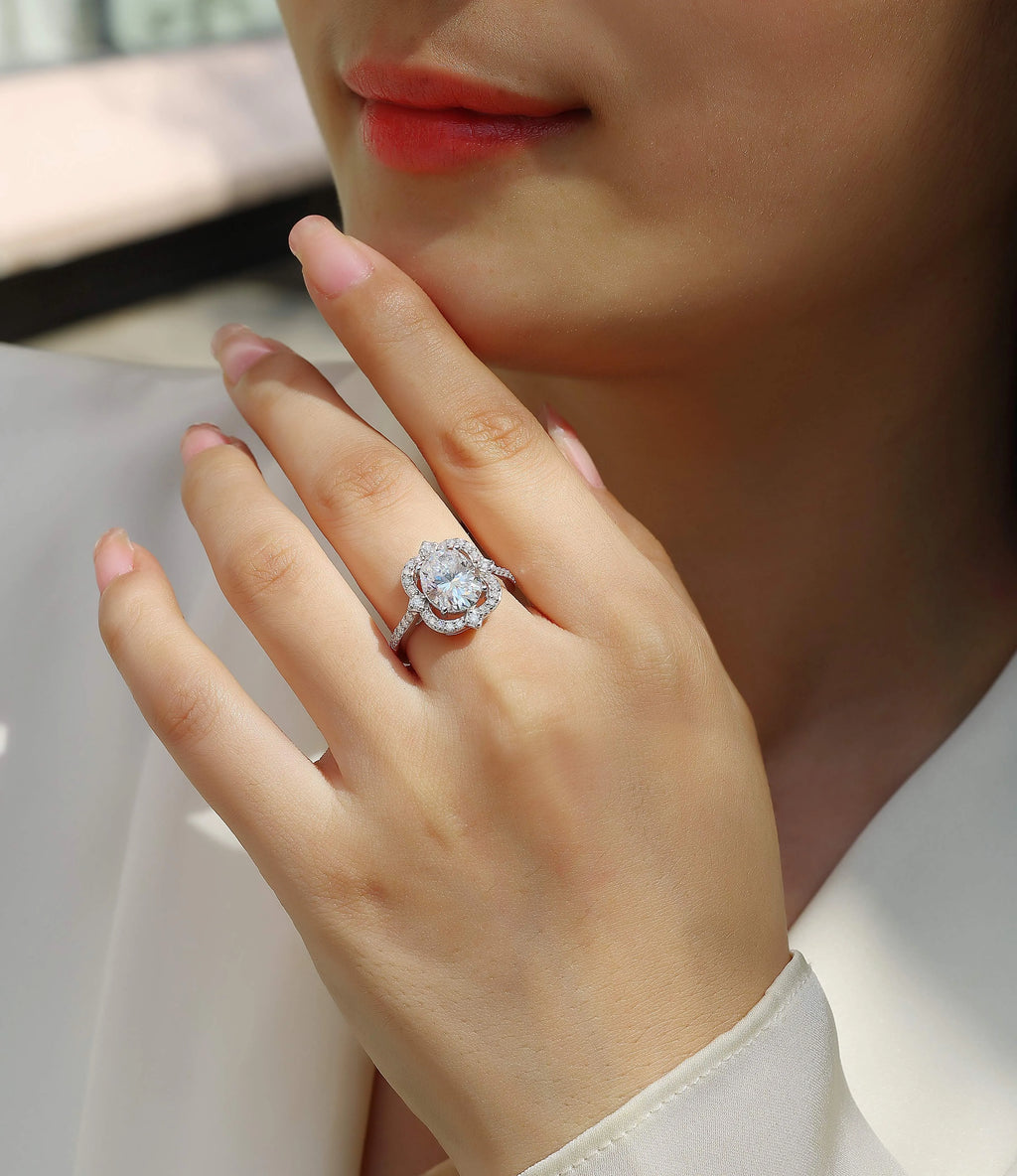 Camellia moissanite wedding ring with egg-shaped 8x10mm stone in S925 silver platinum-plated setting