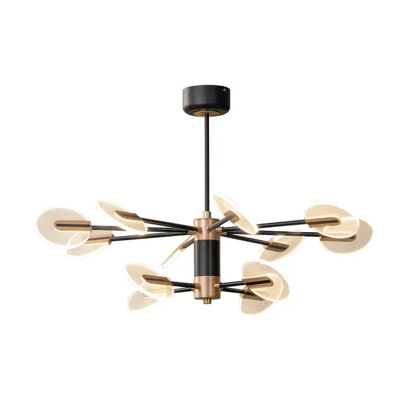 Modern iron and acrylic LED chandelier pendant light with multiple heads for ceiling installation.
