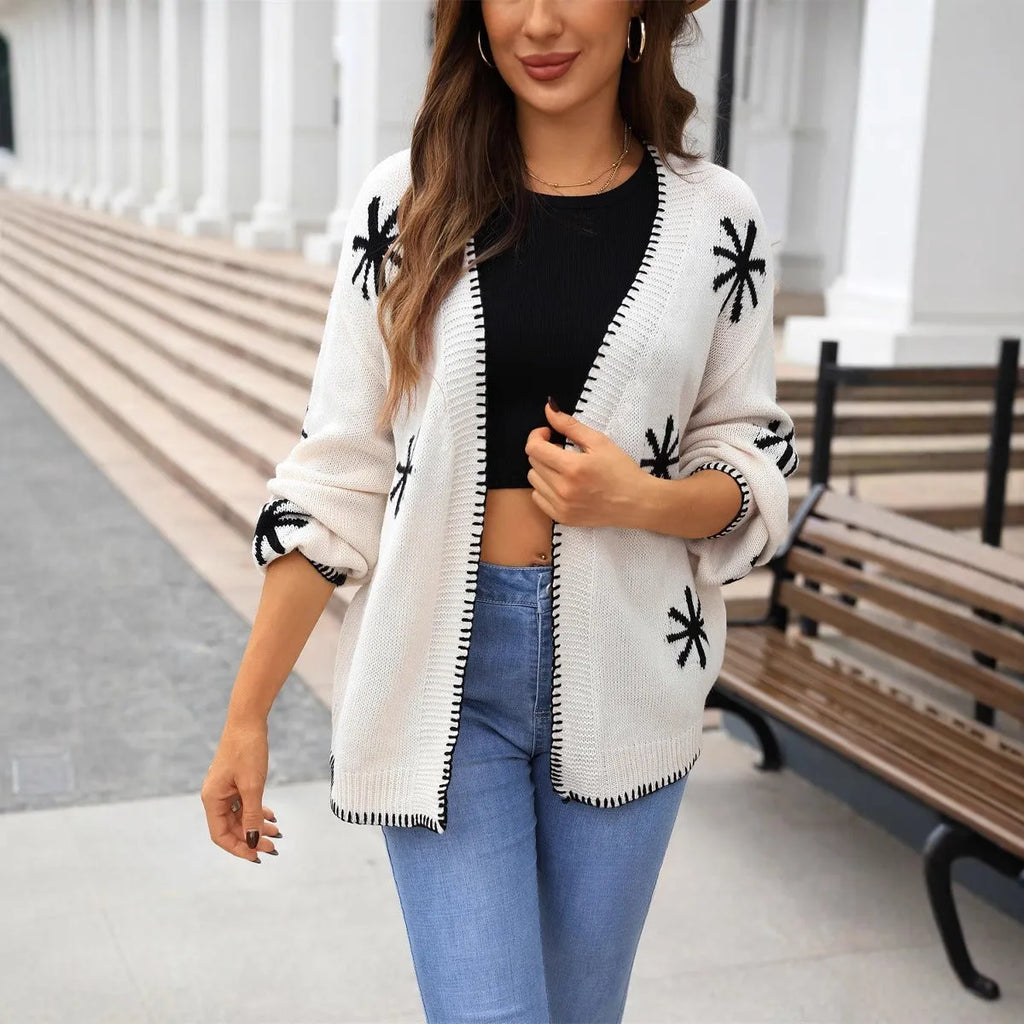 Plus size women's jacquard flower knitted off-neck cardigan coat in beige with contrast colour trim, loose fit thin acrylic knit