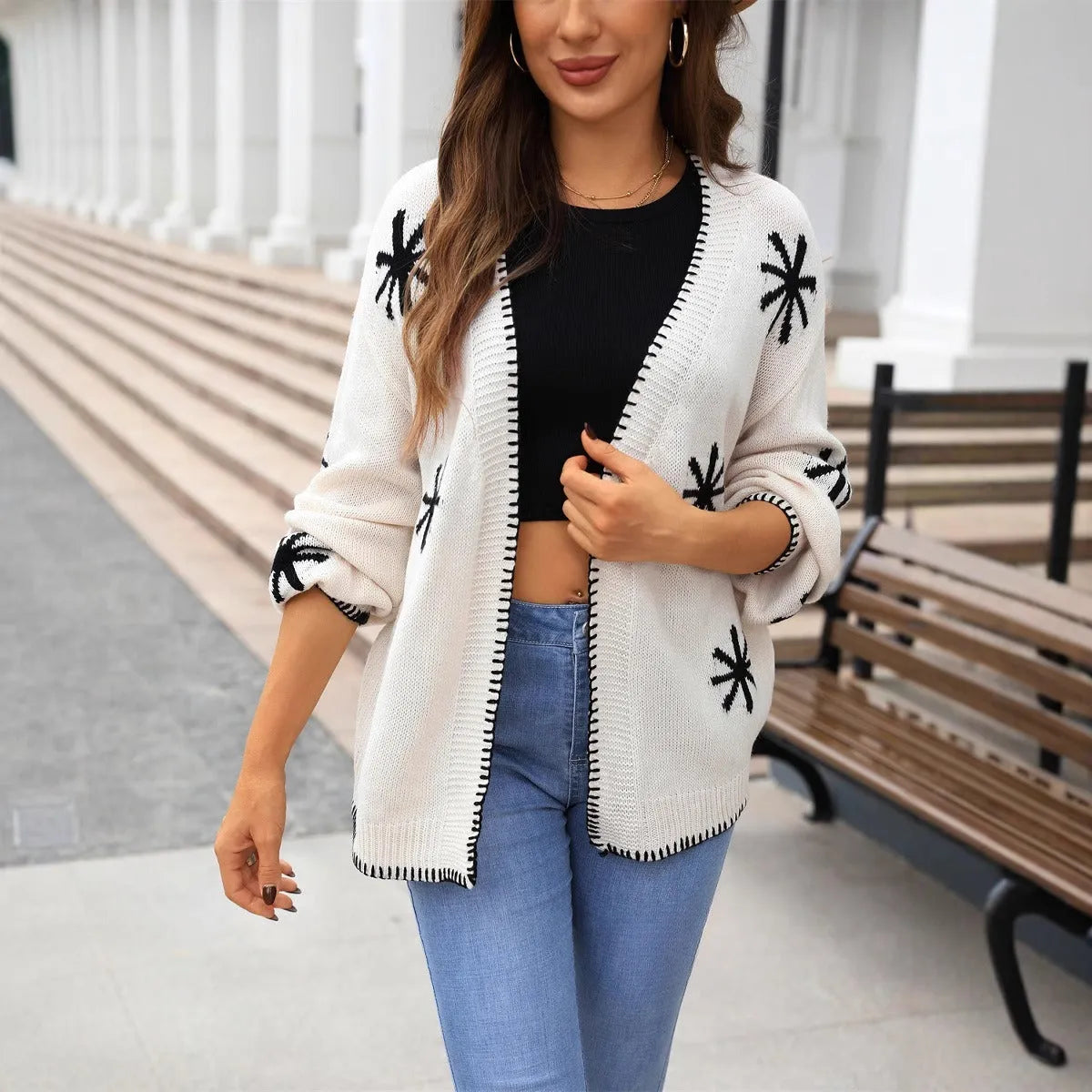 Plus size women's jacquard flower knitted off-neck cardigan coat in beige with contrast colour trim, loose fit thin acrylic knit
