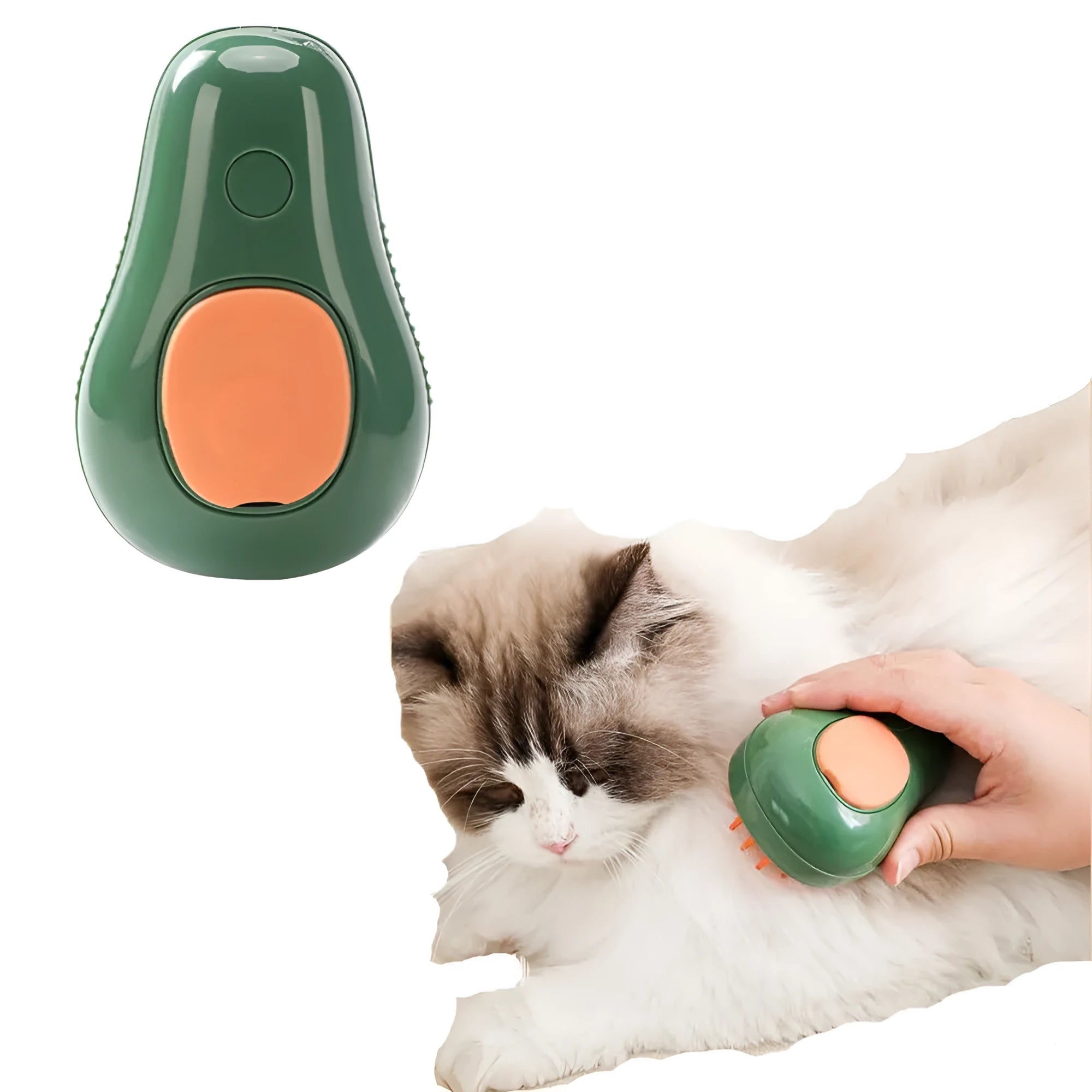 Green rechargeable cat steam brush with water spray nozzle and soft silicone teeth on a white background.