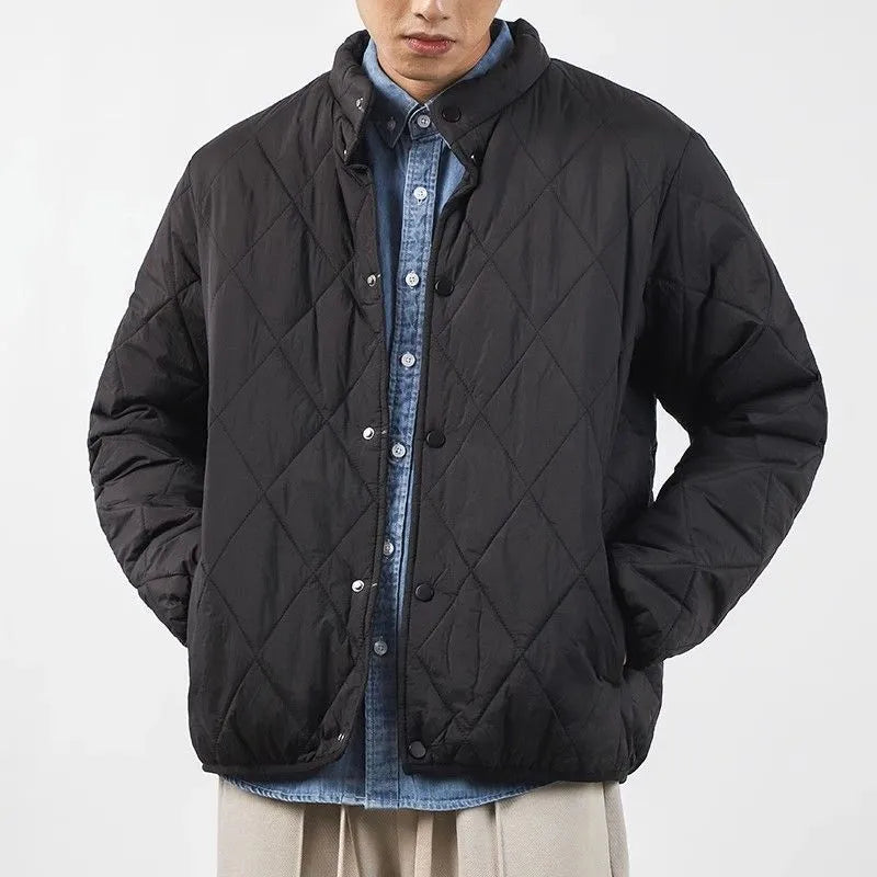 Men's black diamond lattice cotton-padded winter jacket with a lengthened 100cm silhouette and loose fit.