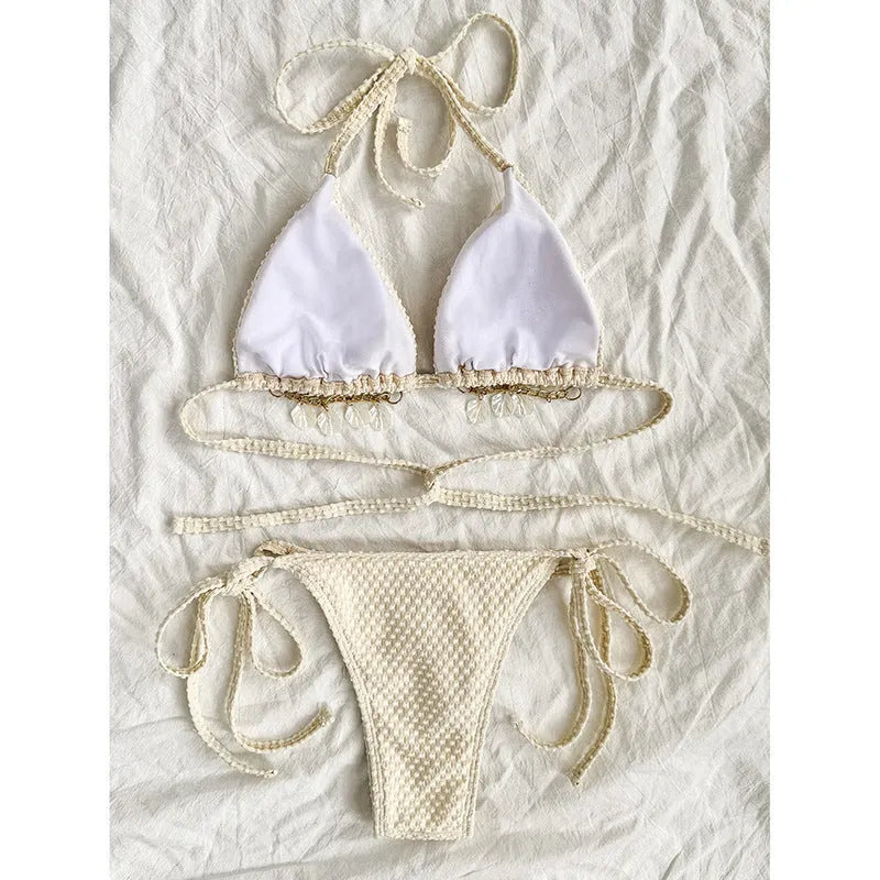 Halter lace-up bikini in milky white, front view, polyester fiber fabric, women's swimsuit on beach