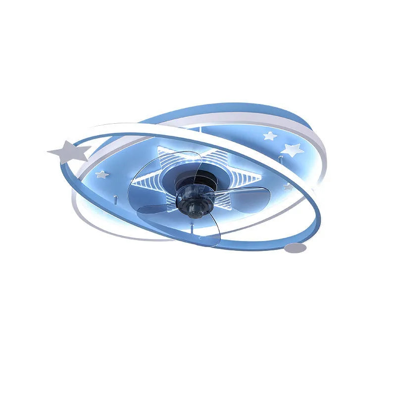 Modern blue children's bedroom ceiling fan with integrated tri-colour LED light and remote control.